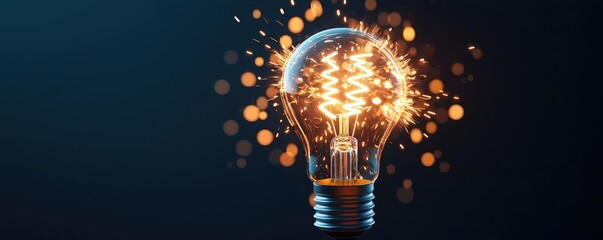 Poster - Explosion of lightbulb with conceptual creativity crash concept. A glowing light bulb emitting sparks in a dark environment.
