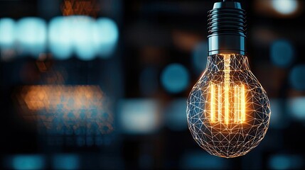 Poster - Polygon lightbulb showing technology-driven lamp concept. A modern light bulb with intricate design and glowing filament.