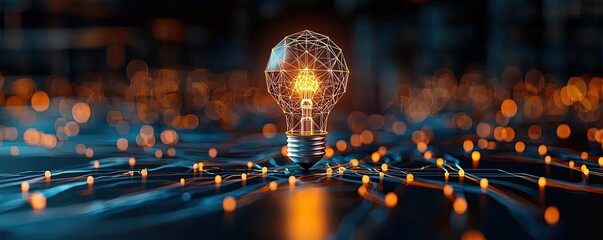 Poster - Polygon lightbulb in digital exchange illustration concept. Light bulb glowing with technology background and electric wires.