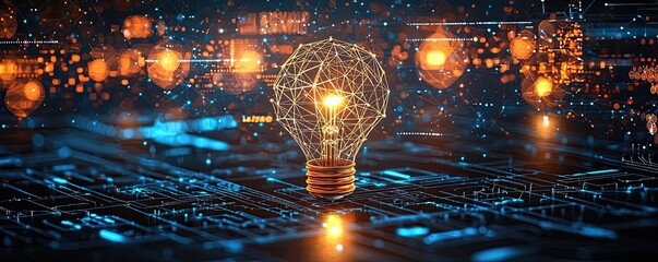 Poster - Polygon lightbulb in digital exchange illustration concept. Innovative light bulb glowing in a digital network background.