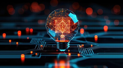 Poster - Polygon lightbulb in digital exchange illustration concept. Illuminating light bulb with circuit board design and digital glow.