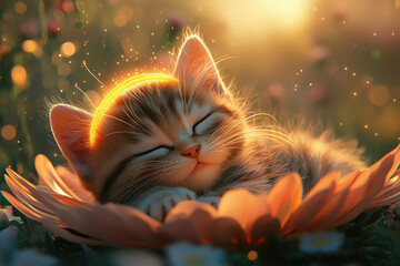 Poster - Adorable kitten peacefully sleeping on a giant flower at sunset, angelic halo above.