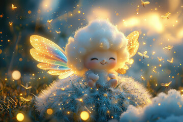 Poster - A fluffy, smiling fairy with iridescent wings sits on a dandelion, surrounded by magical fireflies.