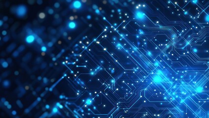 Poster - Abstract blue technology background with glowing dots and lines representing network.