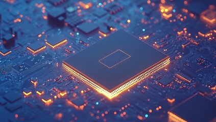 Poster - Close-up of a computer chip on a circuit board with orange glowing light.