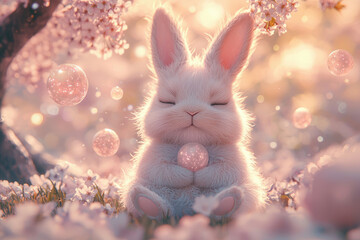 Poster - A serene white bunny meditates amidst blossoming cherry trees, surrounded by sparkling bubbles.