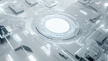 Poster - Abstract futuristic technology design with glowing center and circuit board elements.