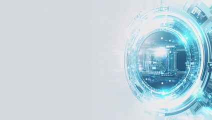 Poster - Abstract glowing blue orb with circuit board details on a light background.