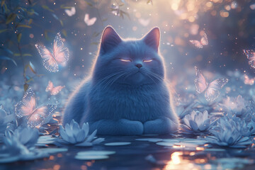 Poster - Serene blue cat meditating amidst glowing butterflies and water lilies in a magical, dreamy setting.