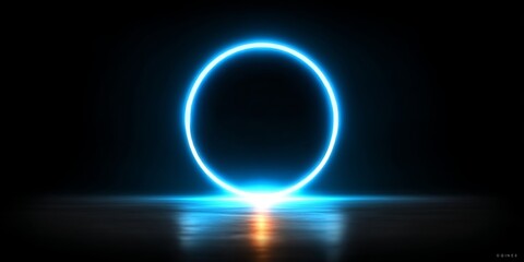 Poster - Glowing Neon Blue Circle on Dark Background with Reflection, Abstract Futuristic Backdrop.