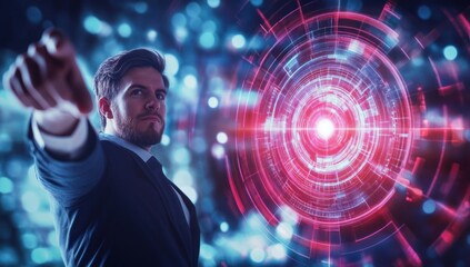 Poster - Person interacts with a futuristic interface with glowing circles and blue background.