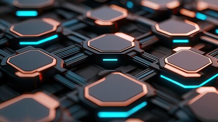Poster - Lights of glowing fiber optic cables in futuristic network concept. Futuristic circuit pattern with glowing accents and geometric shapes.