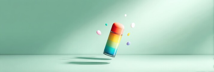 Poster - Rainbow-colored Inhaler Floats Gracefully Against a Soft Mint Background Illuminated by Gentle Light