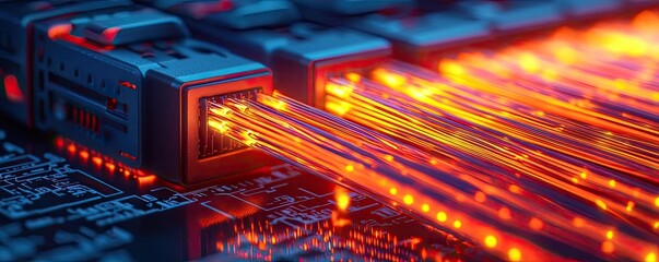 Poster - Lights of glowing fiber optic cables with macro soft focusing concept. Close-up of glowing data cables transmitting information.