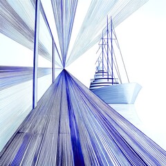 Leinwandbilder - Blue Line Ship: Abstract nautical voyage depicted with intricate lines, emphasizing perspective and geometric design.