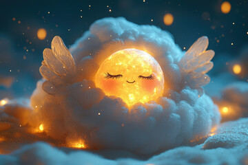 Poster - A glowing, smiling moon nestled in soft clouds, wings outstretched, peaceful night scene.