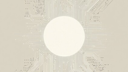 Poster - Abstract circuit board pattern with a bright central circle on a beige background.