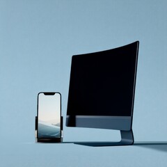Poster - Modern Minimalist Tech: Sleek Monitor and Smartphone on Soft Blue Textured Background, Studio Shot
