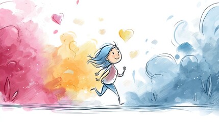 Aufkleber - Joyful Heart Character Runs Through Vibrant Colored Mist in a Whimsical Landscape of Joy and Wonder