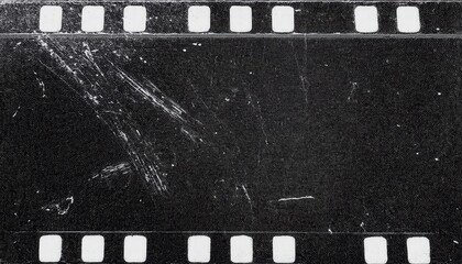 Poster -  grungy black film strip texture with vintage scratches and grain for retro photo overlays, graphic design background, and multimedia branding