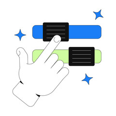 Poster - Hand interacting with sliders toggles 2D onboarding ui illustration. User customization. Interface configuration. Interactive control cartoon concept isolated on white. Flat abstract vector metaphor