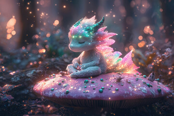 Poster - A serene, glowing baby dragon meditates peacefully atop a luminescent mushroom in an enchanted forest.