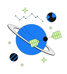 Poster - Space communication and data satellite 2D onboarding ui illustration. Planetary orbit. Planet, constellation, stars. Cosmos astronomy cartoon concept isolated on white. Flat abstract vector metaphor