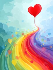 Poster - Heart Balloon Soars Through Vibrant Rainbow Trail, Spreading Lightness and Joy in an Enchanting Sky