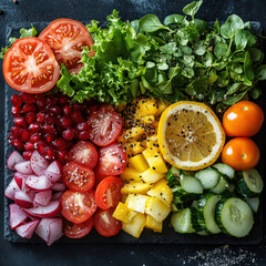 Poster - vibrant assortment of fresh vegetables and fruits, including tomatoes, lettuce, pomegranate seeds, radishes, and lemon slices, arranged on dark slate surface. Healthy and colorful