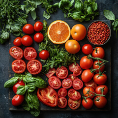 Poster - vibrant assortment of fresh vegetables and fruits, including tomatoes, oranges, and leafy greens, arranged on dark surface. colorful display highlights healthy eating and natural ingredients