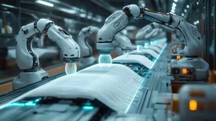 Poster - Futuristic robotic arms work on production line, assembling advanced fabric materials in high tech factory setting. scene is illuminated with blue lights, highlighting precision and innovation