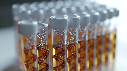 Aufkleber - row of test tubes filled with amber liquid and DNA helix models inside, symbolizing genetic research and biotechnology. image conveys sense of scientific innovation