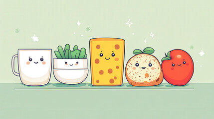 Aufkleber - cute cartoon illustration of healthy meal with smiling milk, spinach, cheese, bread, and tomato on p
