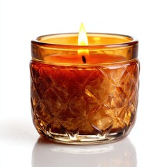 Poster - Burning candle in glass jar still life isolated on white background