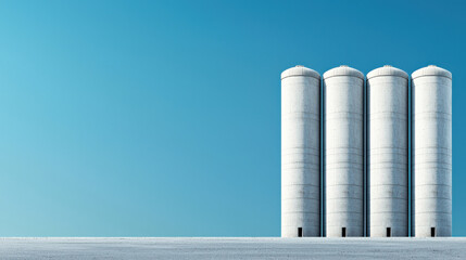 Poster - Four tall cement silos stand under clear blue sky, creating minimalist and industrial scene. ample space around them highlights their structure and design