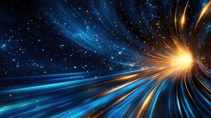 Poster - Vivid blue orange light streaks bursting through starry hyperspace, generating dynamic motion and cosmic energy swirl dynamic abstract background