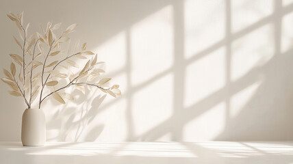 Poster - Minimalist 3d interior featuring potted plant casting soft shadows leaves near sunlit window abstract aesthetic background Copy space for text