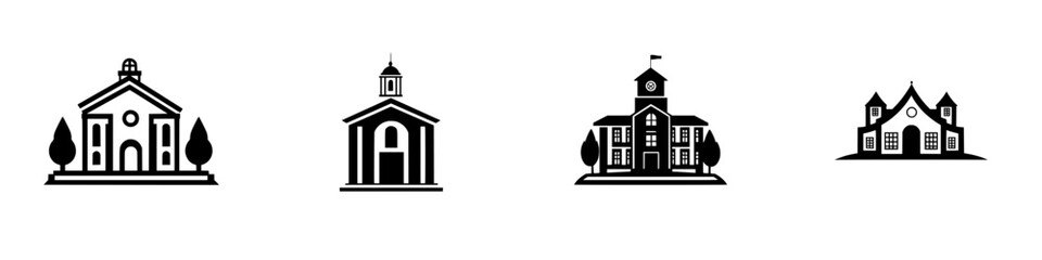 Poster - various black icons representing different styles of school buildings against a white background sho