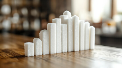 Poster - creative bar chart made of sugar cubes is displayed on wooden table, symbolizing data visualization in unique and minimalist style. background is softly blurred