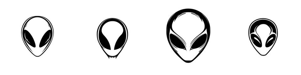 Poster - different variations of black alien icons created on a white background for graphic design use