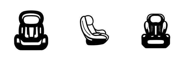 Poster - simple black icons of car seats in various angles showcasing design and function
