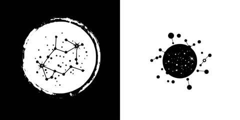 Poster - black and white celestial icon representing constellations and cosmic elements in a minimalistic sty