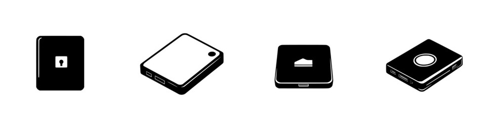 Poster - collection of black icons representing various devices and technology-related elements in a minimali