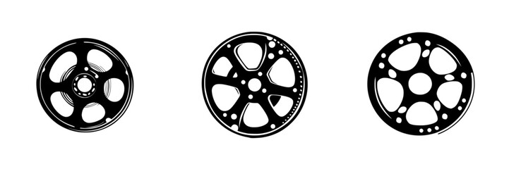 Poster - black wheel icons representing various designs of car rims shown in a simple monochrome style