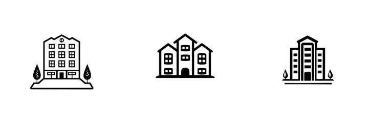 Poster - Black icon set representing various styles of buildings, ideal for design projects and urban planning representations