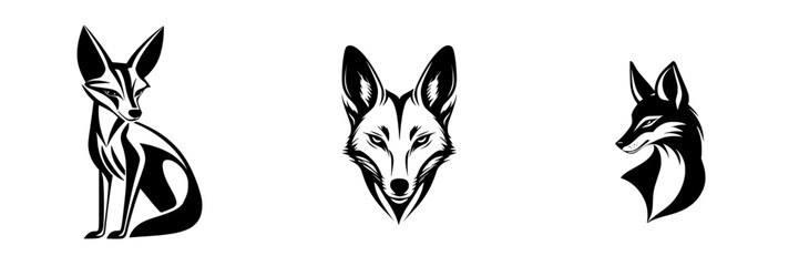 Poster - Set of three black icons featuring stylized fox designs in various poses and expressions for artistic applications