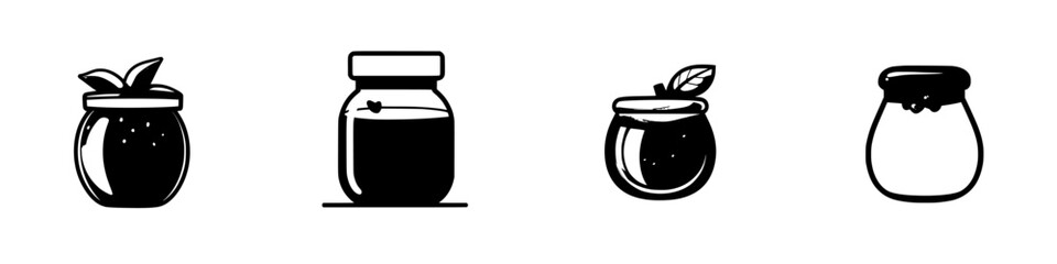 Poster - Set of black icons representing different types of jars with fruit and leaf designs displayed on a minimalist background