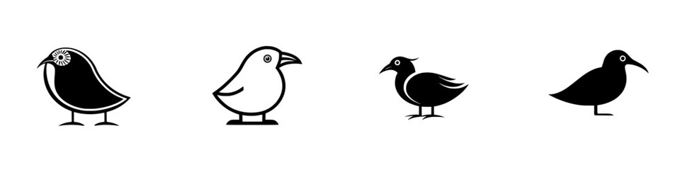 Poster - Set of black icons representing various bird species in a minimalist design showcasing their unique features and forms
