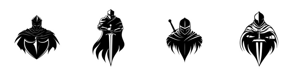 Poster - Set of black icons depicting medieval knights in various poses, showcasing armor and weapons for design or gaming use