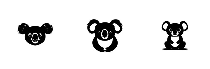 Poster - Set of black icons featuring stylized koala bear faces in various poses and expressions